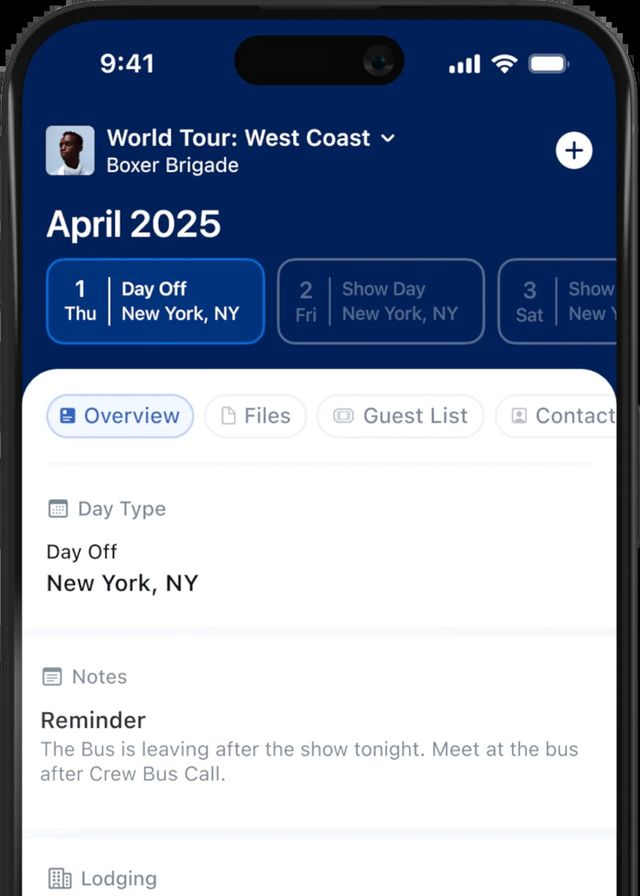 Day sheet app on a phone showing a day off in New York with a note about bus call.