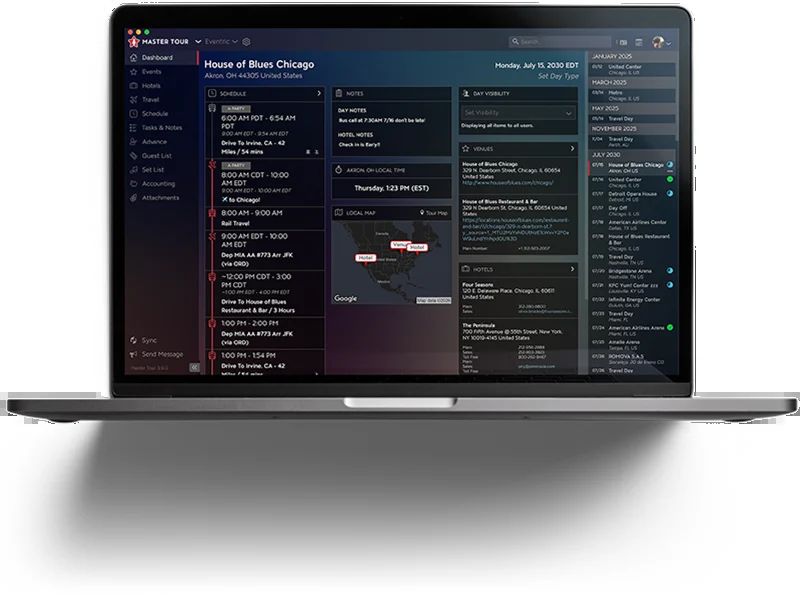 Master Tour dashboard on a laptop, a show day at House of Blues Chicago with schedule, notes and hotels.