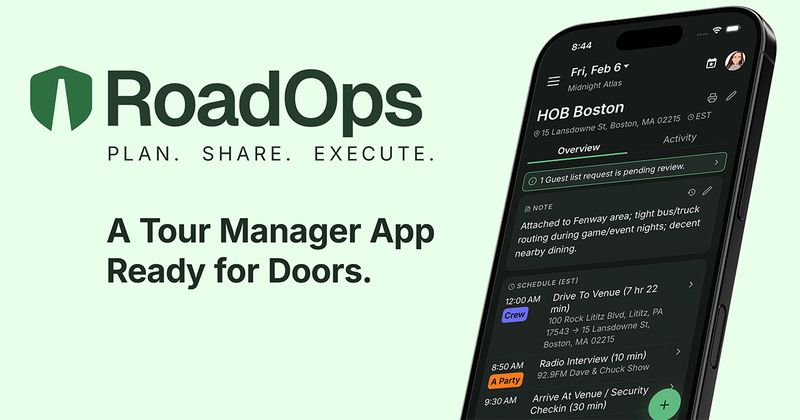 RoadOps tour manager app, a Boston show day open on a phone with the day's schedule.